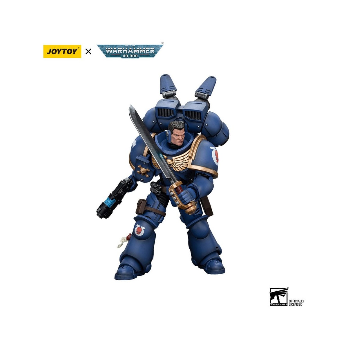 JoyToy - Space Marine - Ultramarines - Jump Pack Sergente Intercessori con pistola al plasma e spada di potenza 1/18