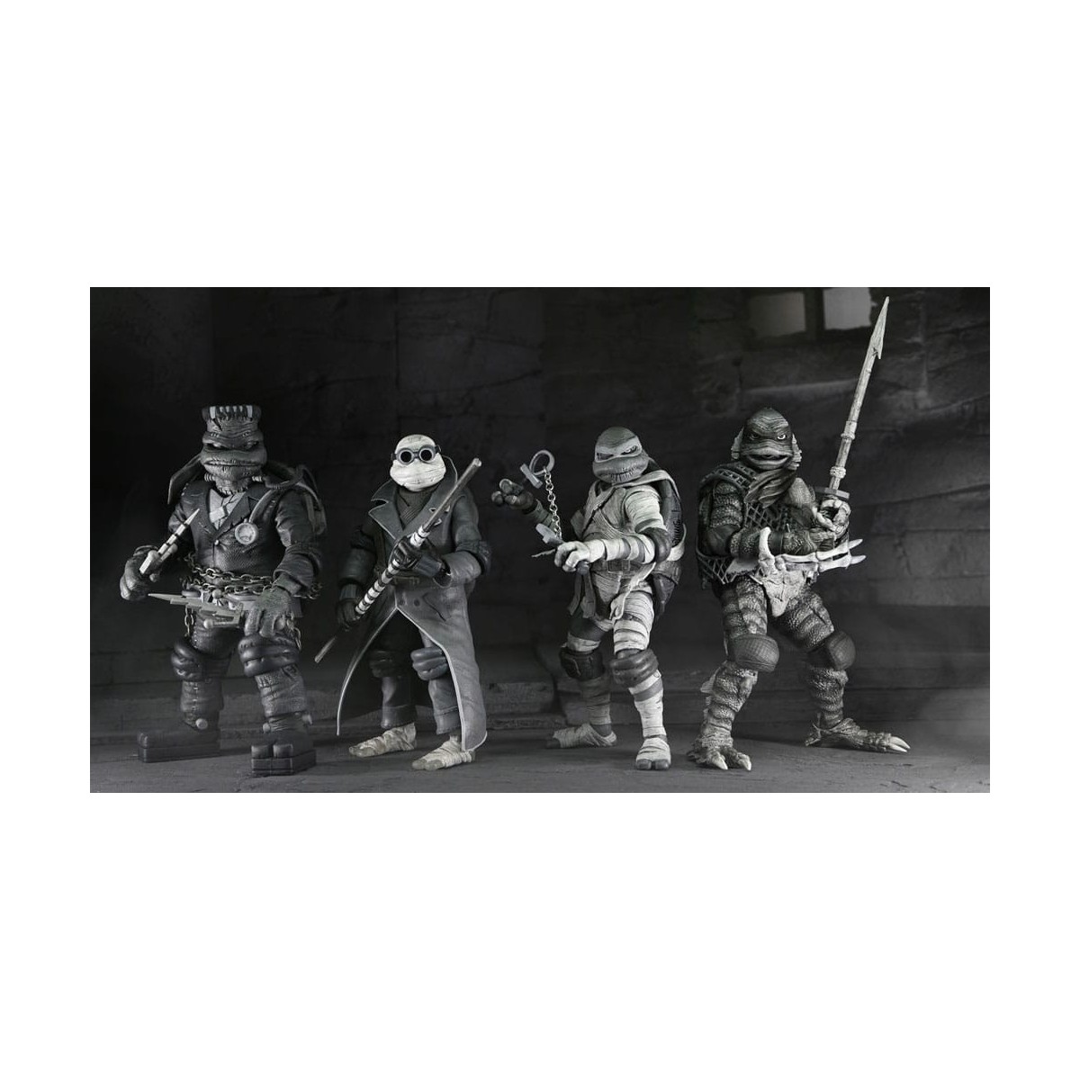 NECA - Confezione 4 figurine Turtles Black & White - Universal Monsters x TMNT