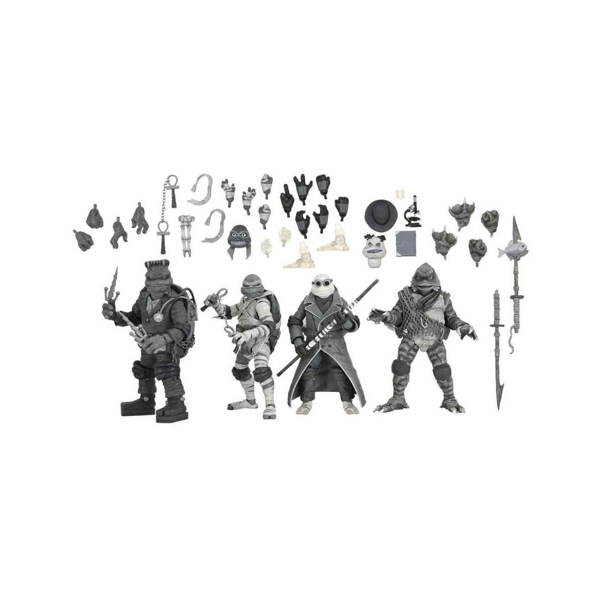 NECA - Confezione 4 figurine Turtles Black & White - Universal Monsters x TMNT
