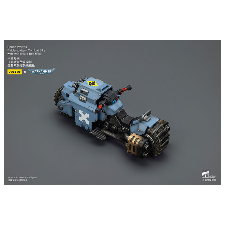 JoyToy Space Marines - Space Wolves Moto da combattimento con modello Raider e fucili bolt a doppio attacco 1/18 - Warhammer 40K